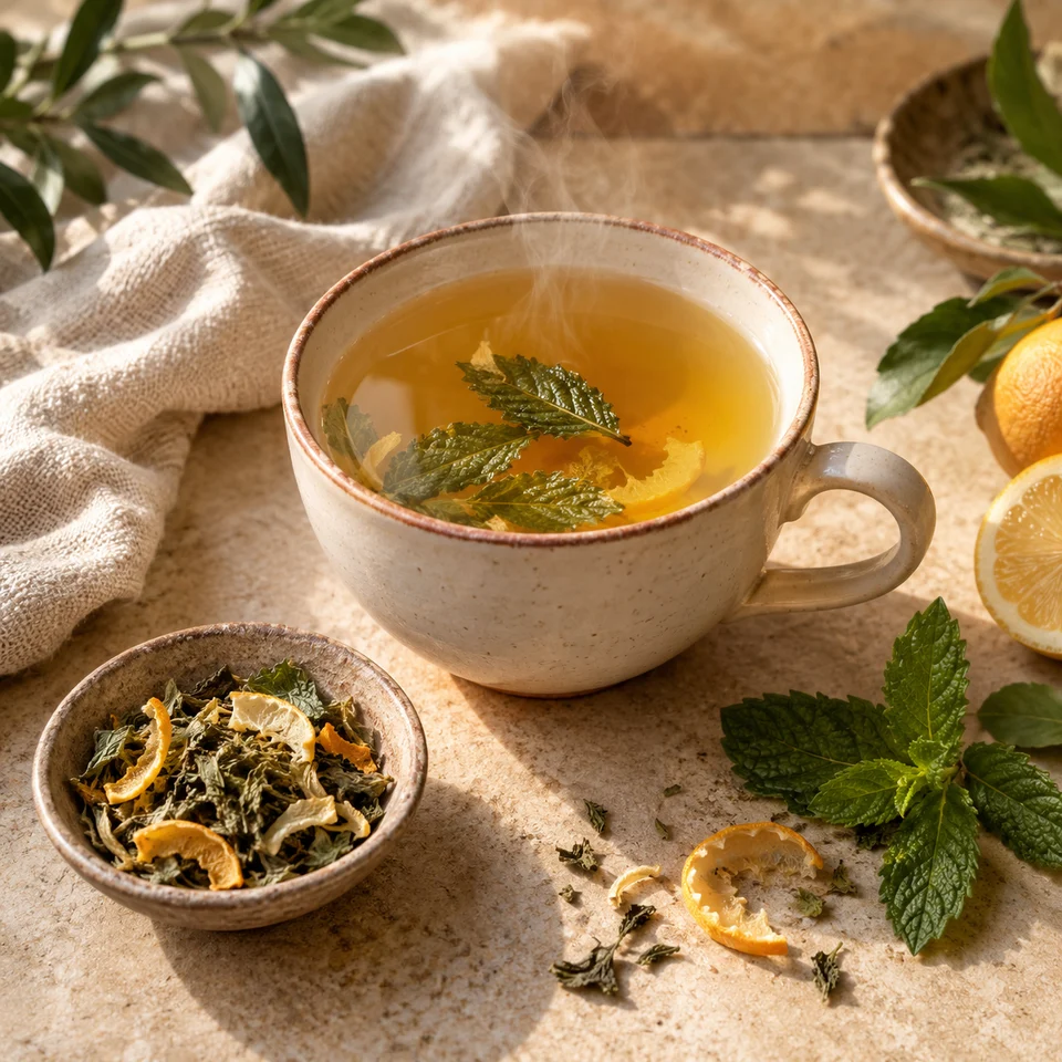 Citrus mint tea, warm ceramic, and fresh botanicals — AI-generated product imagery